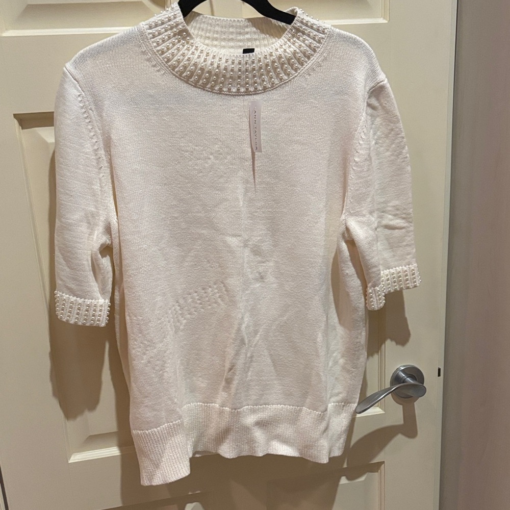 NWT Ann Taylor Factory Cream Sweater with Pearl-Beaded Mock Neck